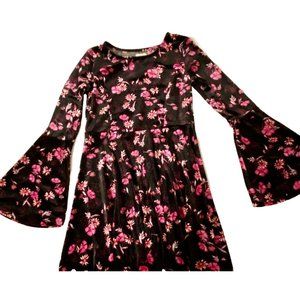 Ella Moss Girls Size 12 Black Pink Floral Print Bell Sleeve Velvet Dress Worn 1x